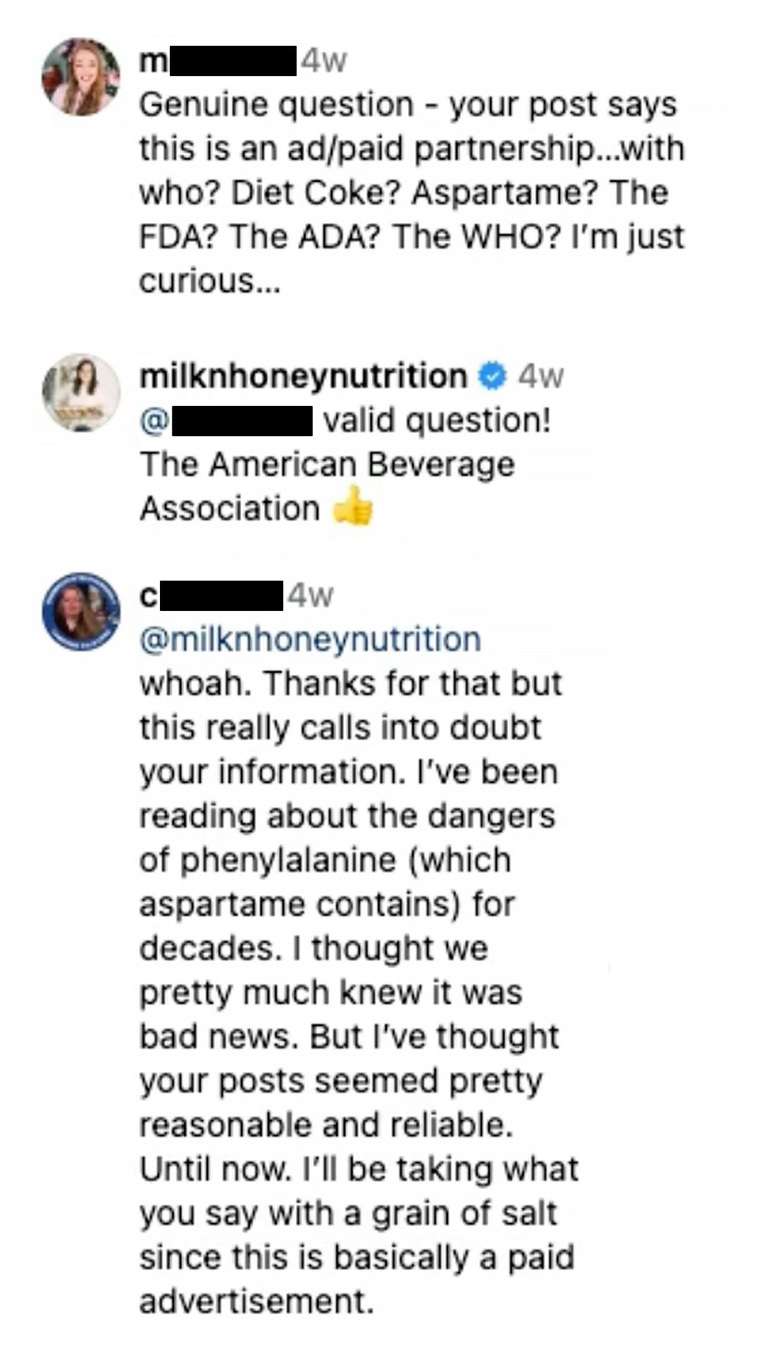 Screenshot of milknhoneynutrition's Instagram account