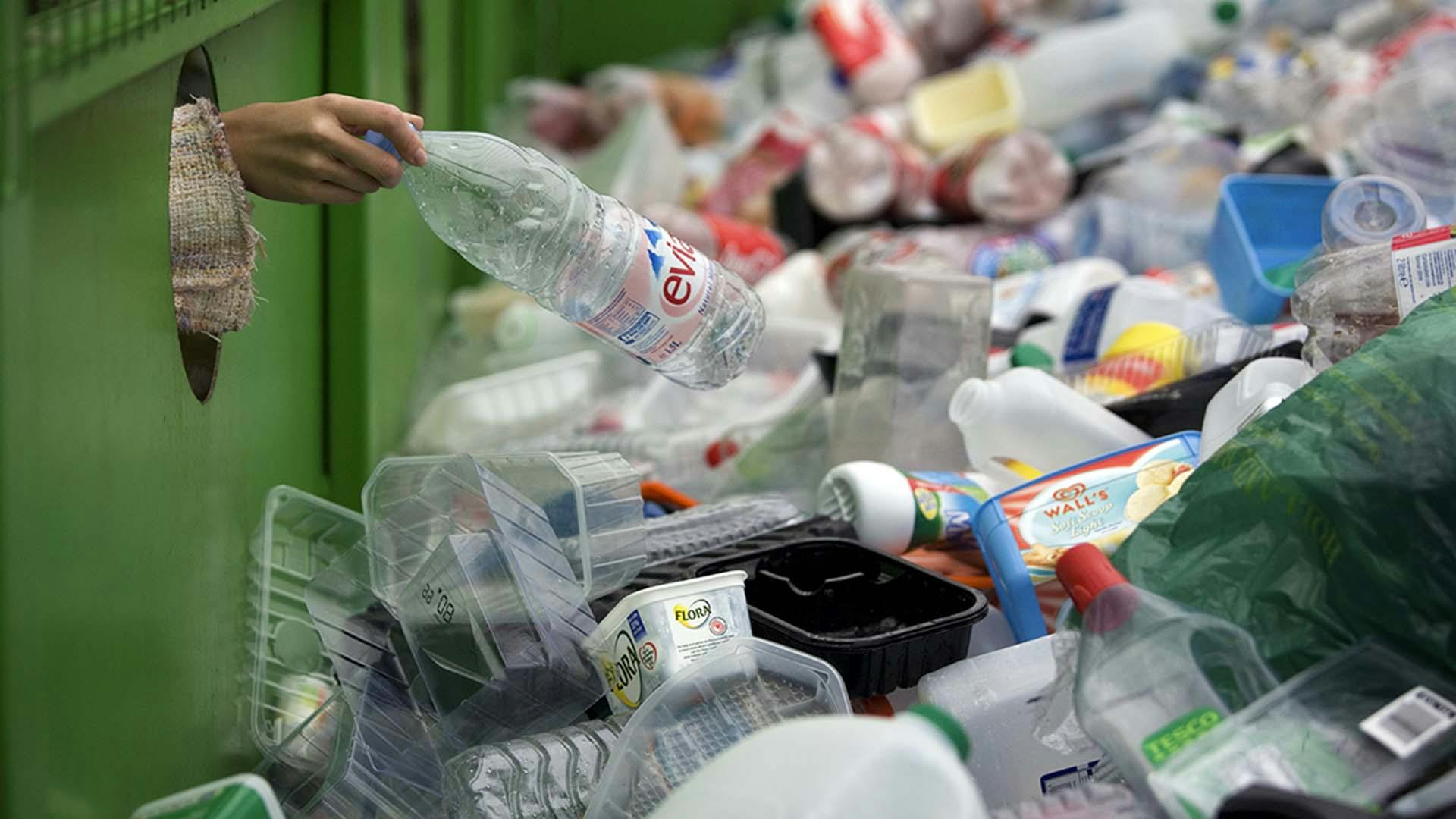 Plastic waste in a recycling bin